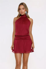 Flirty Halter Shimmer Mini Dress Wine
