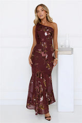 Opulent Bloom One Shoulder Maxi Dress Burgundy