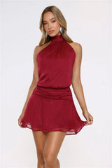 Flirty Halter Shimmer Mini Dress Wine