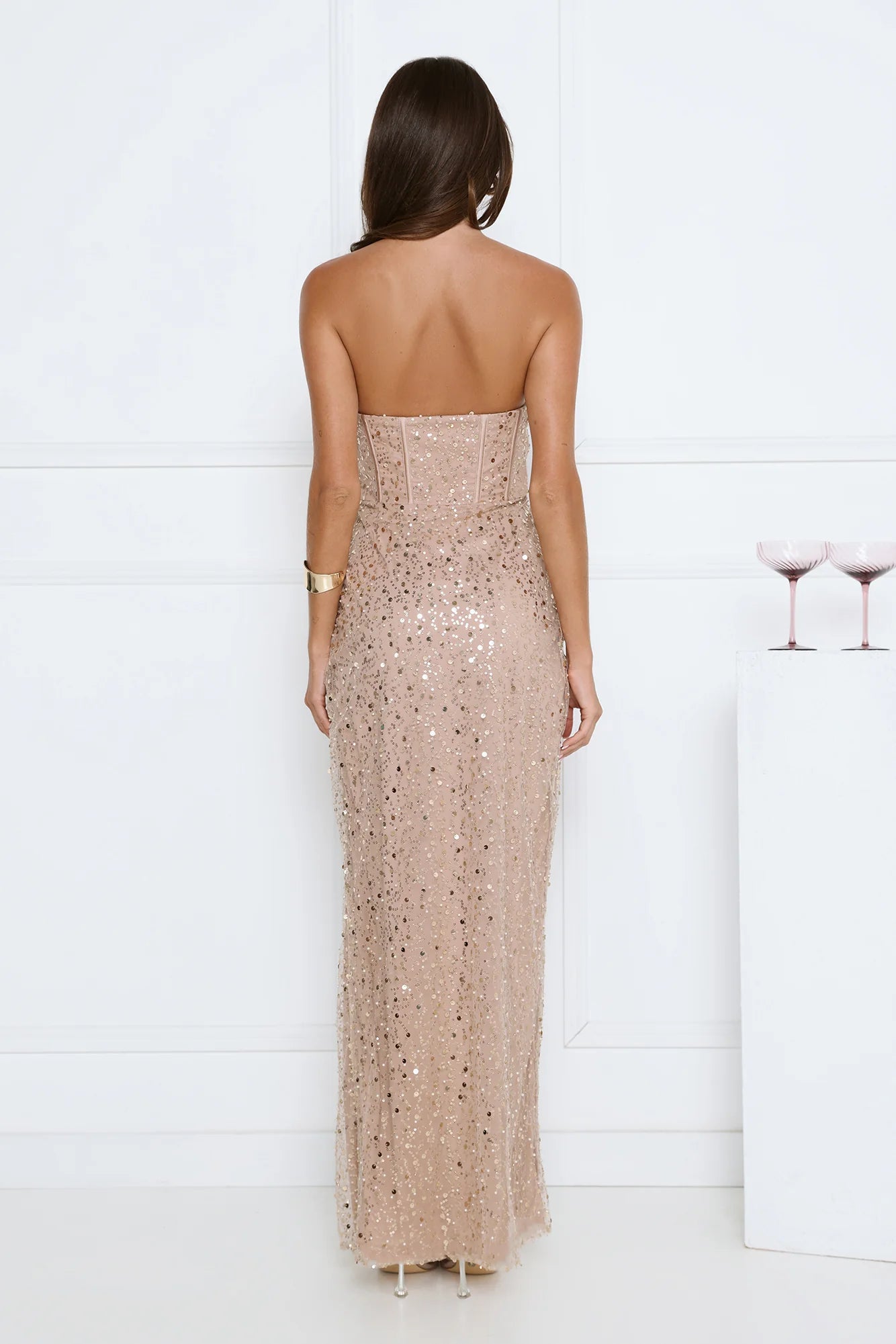 Confetti Royale Strapless Sequin Maxi Dress Gold